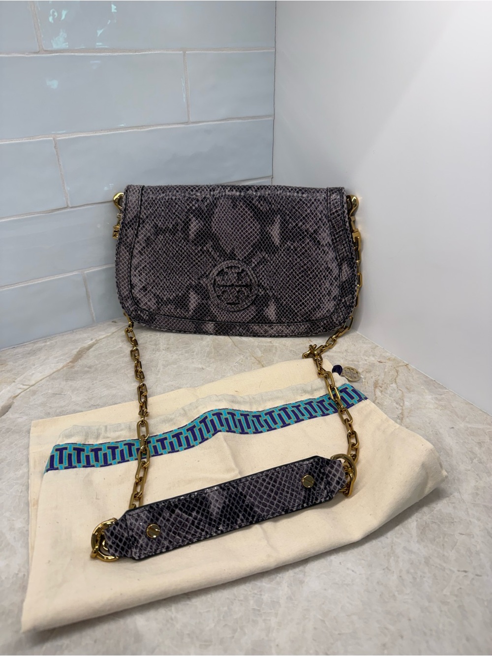 Tory Burch Gray Snake-Print Chain Shoulder/Crossbody/Clutch